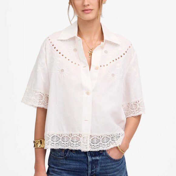 Madewell Tops - Madewell Embroidered Floral Linen Lace Button Up Shirt White Size XS NWT